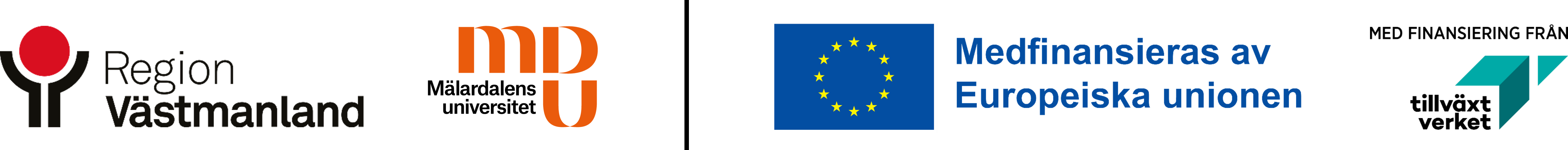 Loggor: Region Väsmtmanland, MDU, EU-logga med texten "Medfinansieras av Europeiska unionen" och tillväxtverkets logga med texten "Med finansiering från Tillväxtverket".